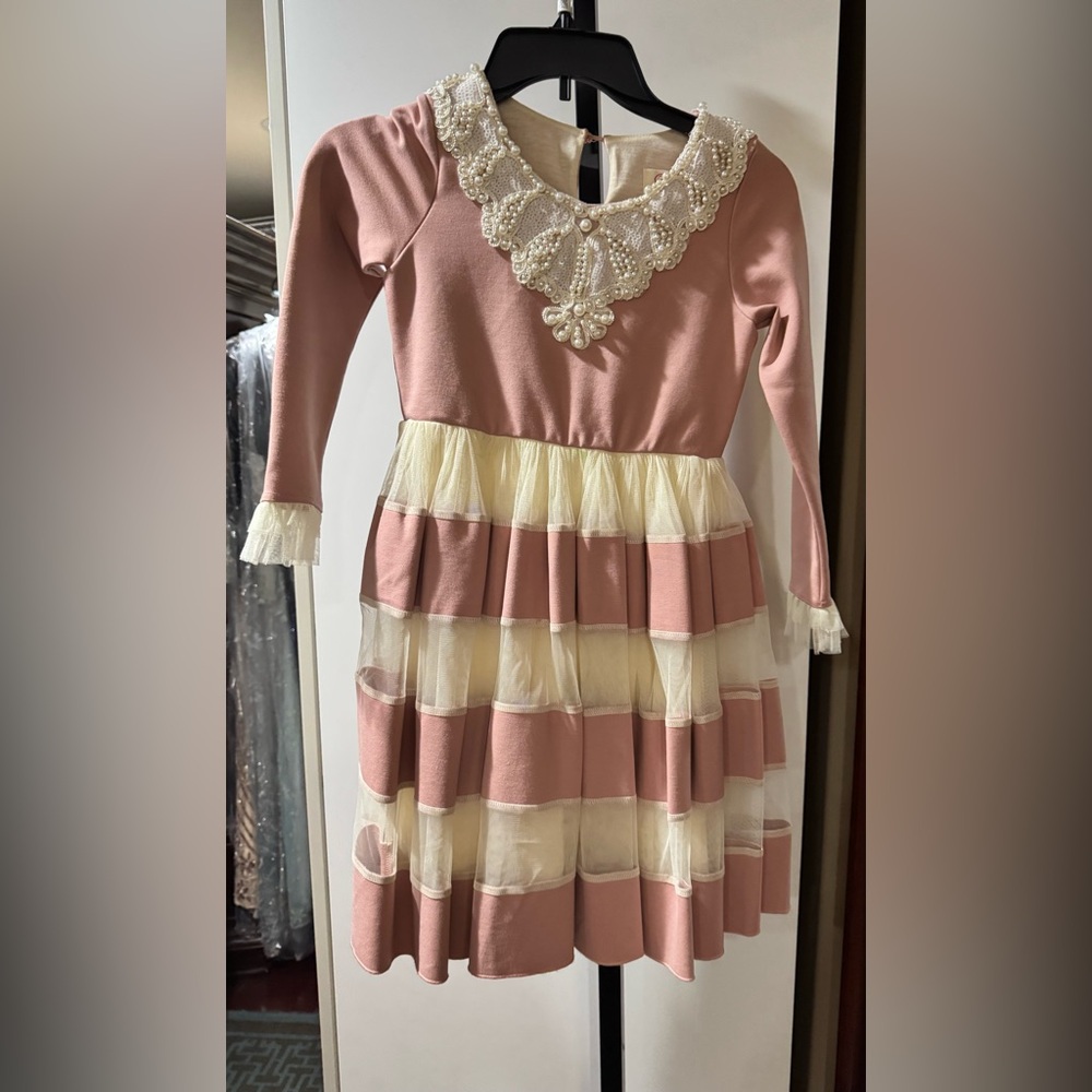 NWOT- Charming Pink and Cream Kids Dress with Lace Details